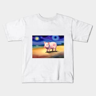 Pig on a beach at night Kids T-Shirt